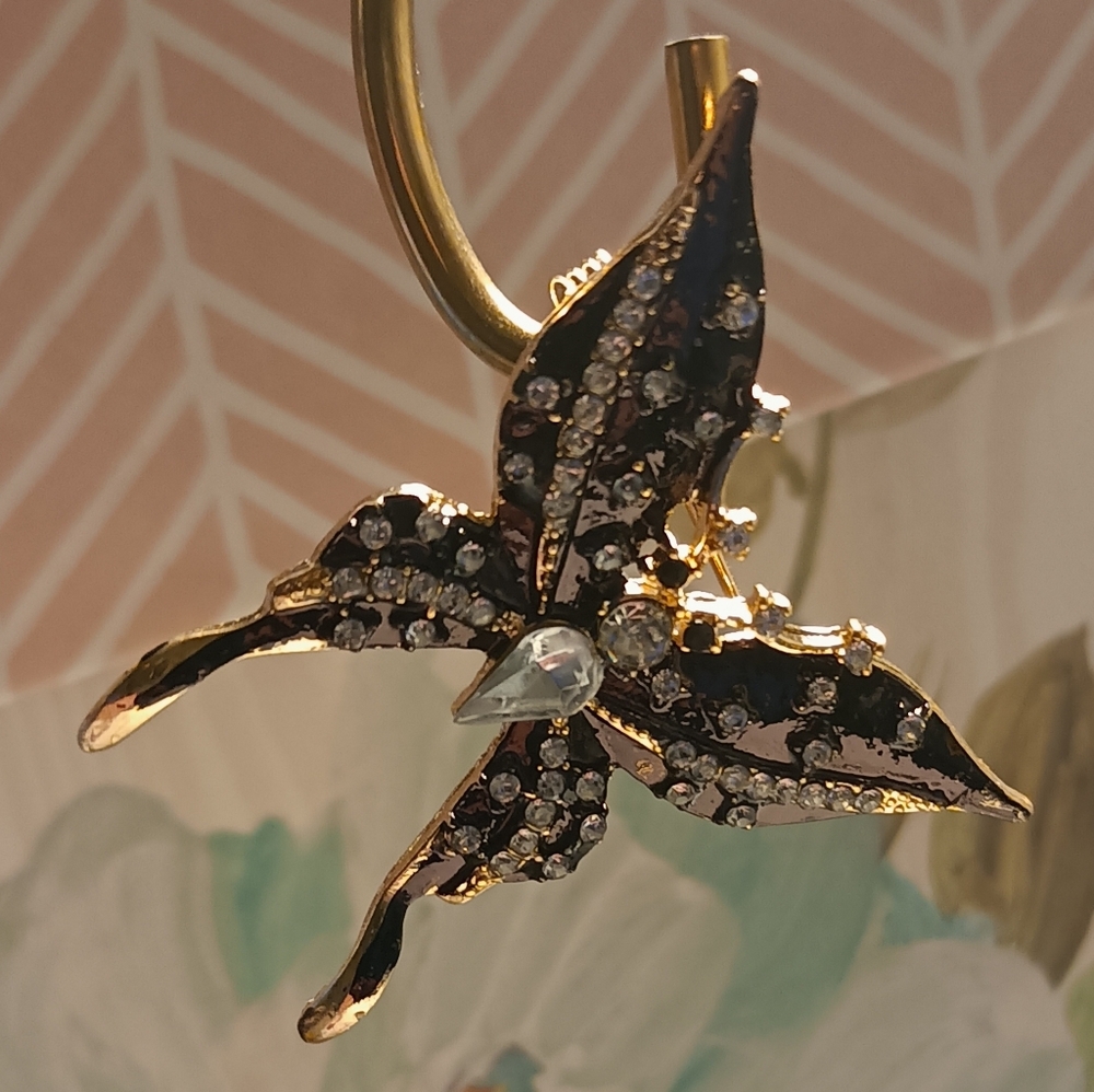 Elegant Black and Gold Gemstone Butterfly Pin/ Brooch